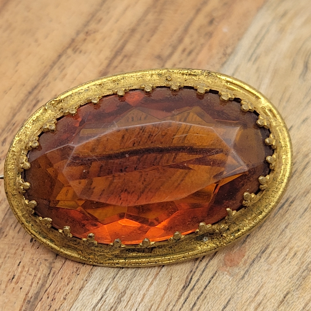 Vintage Citrine Glass in Gold Plated Brass Brooch Pin C-Clasp